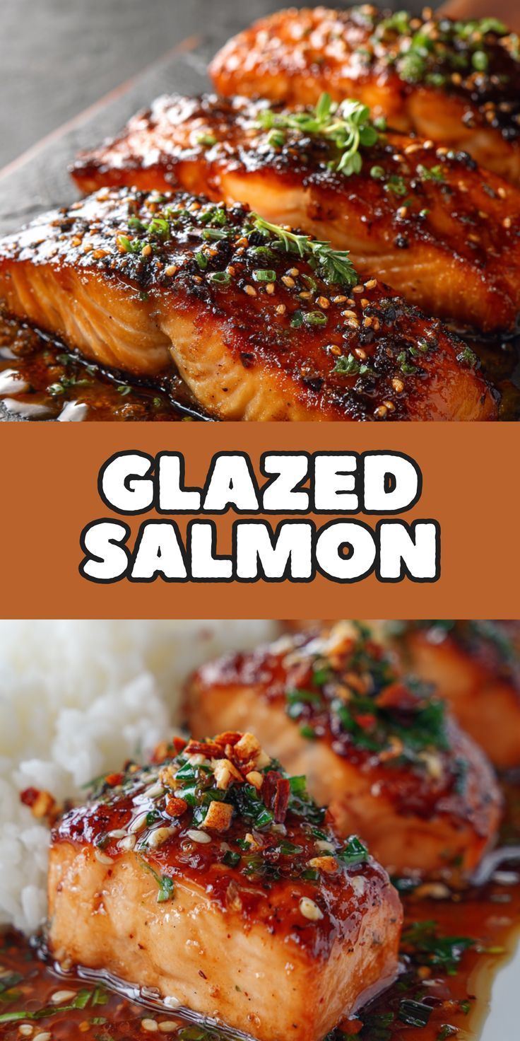 Glazed salmon fillet with caramelized ginger glaze on a plate with greens.