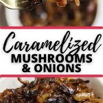a frying pan with caramelized mushrooms and onions, shining with golden glaze, decorated with fresh herbs.