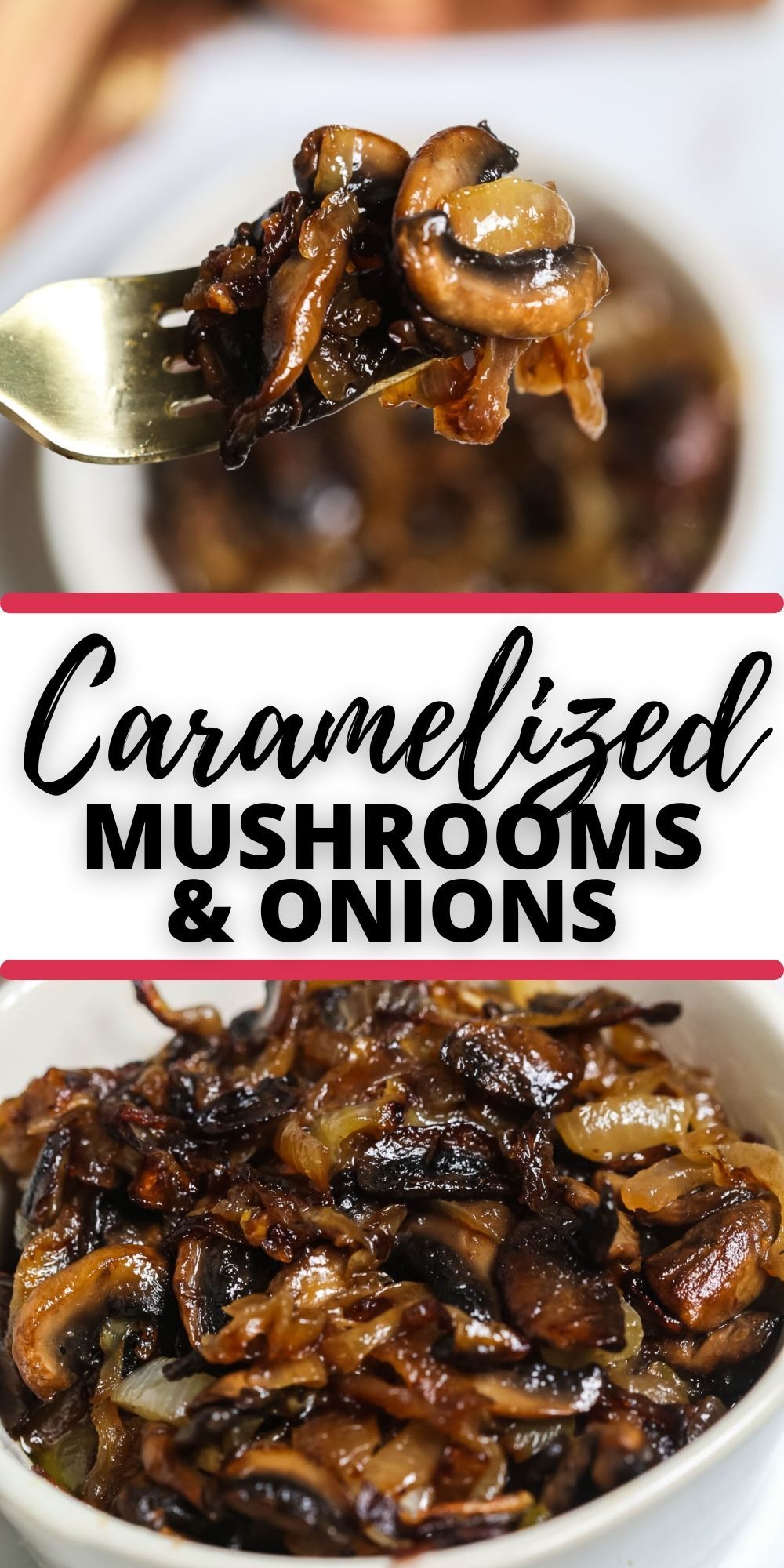 a frying pan with caramelized mushrooms and onions, shining with golden glaze, decorated with fresh herbs.