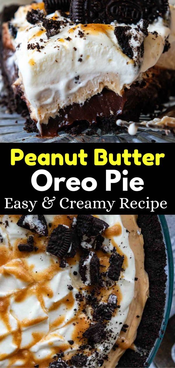 a piece of creamy pie with peanut butter "Oreo" and chocolate, decorated with cookie crumbs and chocolate chips, on a white plate.