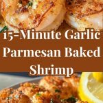baked shrimp with garlic and a golden crust of Parmesan on a baking sheet decorated with herbs.