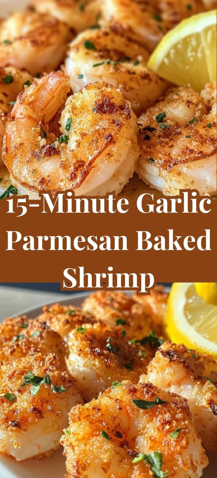 baked shrimp with garlic and a golden crust of Parmesan on a baking sheet decorated with herbs.