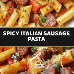 A plate of Italian pasta with a sausage in a thick sauce, decorated with herbs and grated cheese.