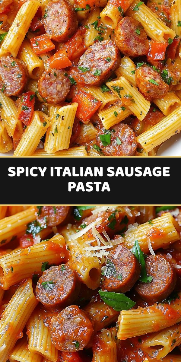 A plate of Italian pasta with a sausage in a thick sauce, decorated with herbs and grated cheese.