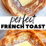 French toast without vanilla with a golden crust, sprinkled with powdered sugar and decorated with fresh berries.