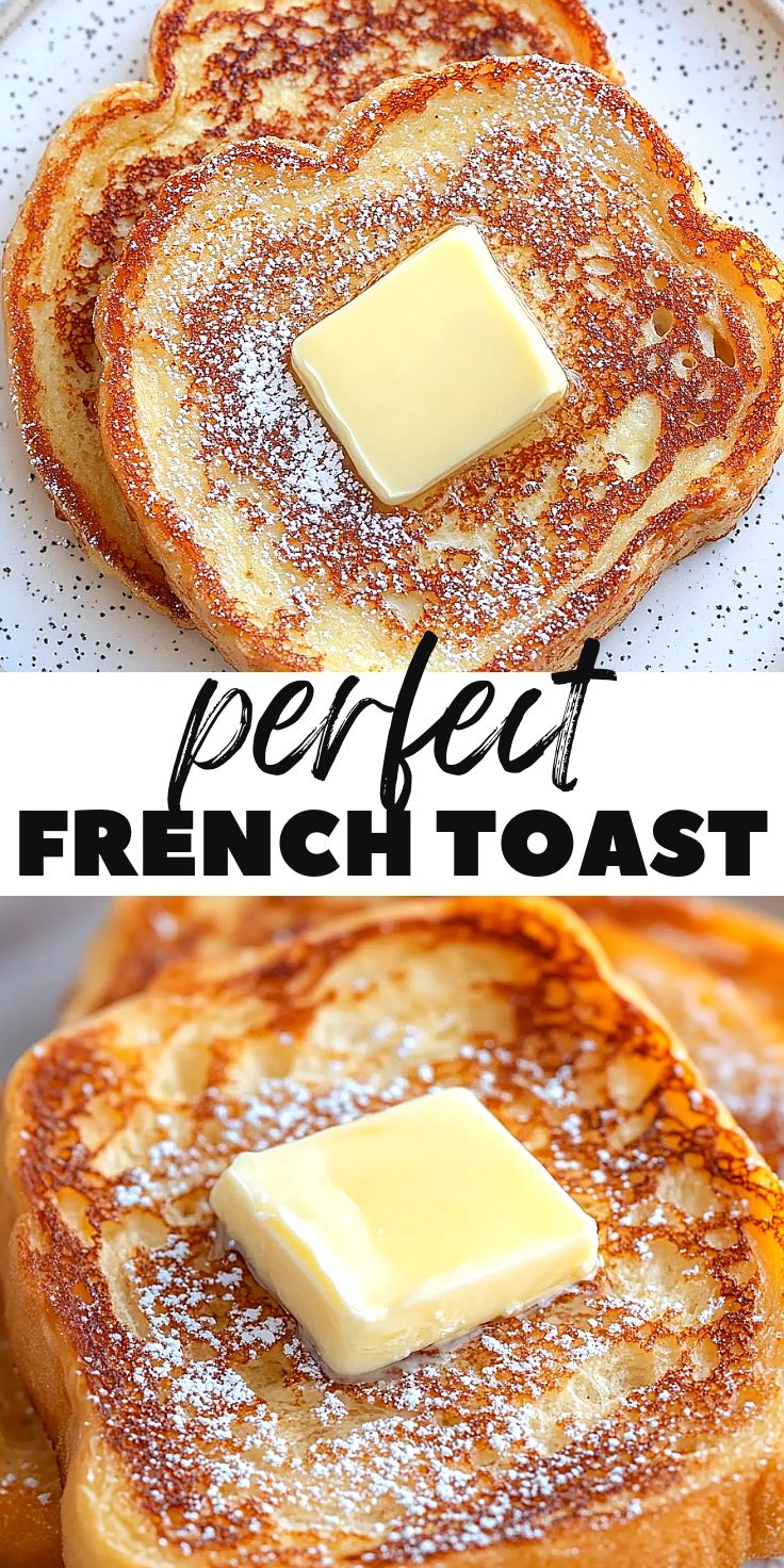 French toast without vanilla with a golden crust, sprinkled with powdered sugar and decorated with fresh berries.