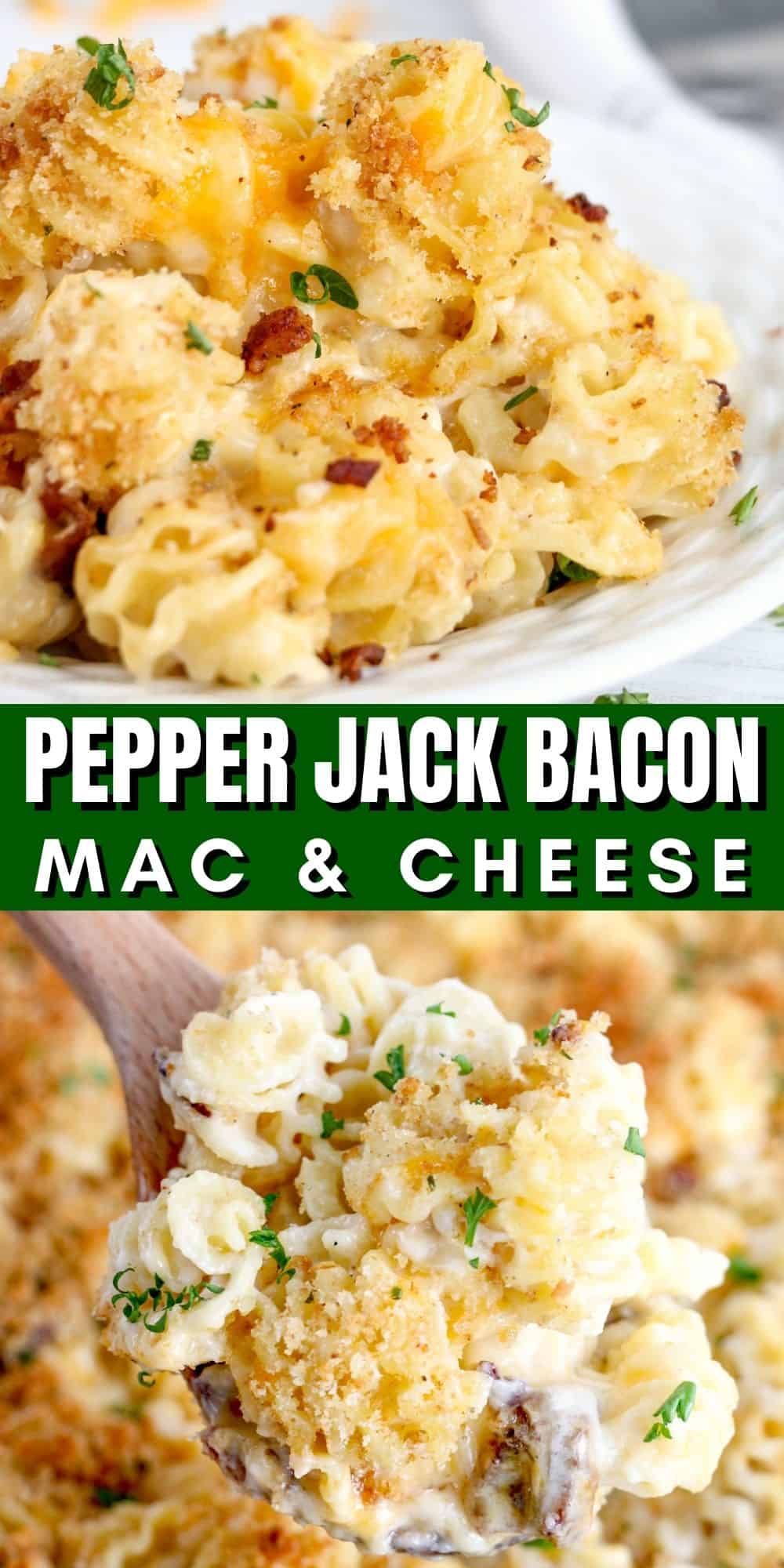 macaroni with cheese sauce and crispy bacon, served in a deep bowl, with a golden crust and melted cheese.