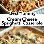 Spaghetti casserole with a golden cream cheese crust in a ceramic dish on the table.