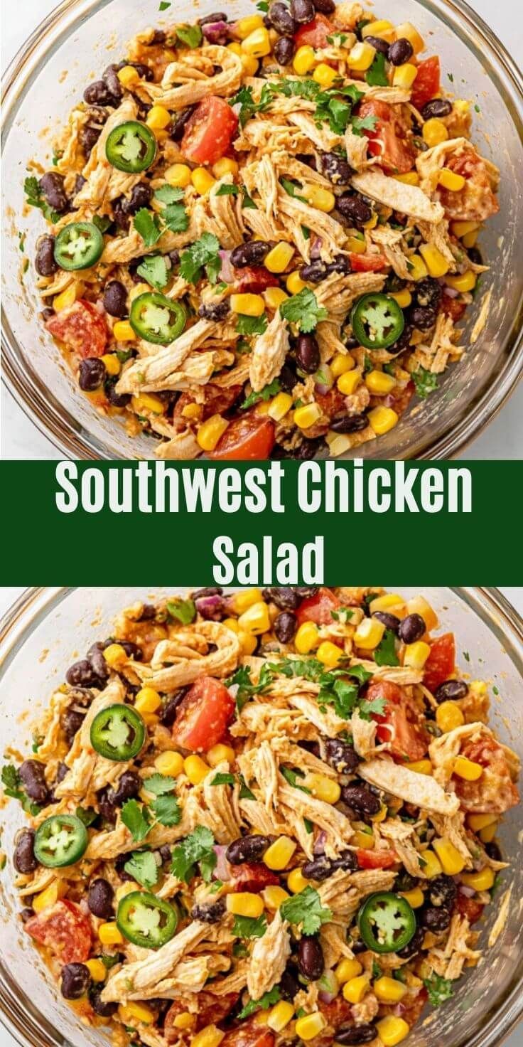 a light chicken salad with vegetables, served in a deep plate decorated with herbs.