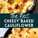 baked cauliflower under a golden cheese crust, served in a dish garnished with fresh herbs.