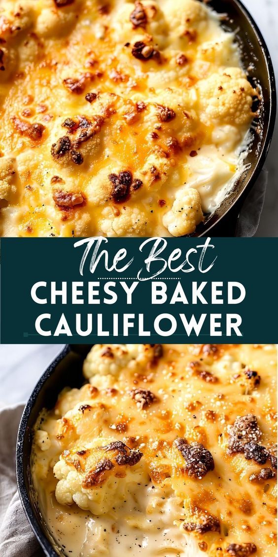 baked cauliflower under a golden cheese crust, served in a dish garnished with fresh herbs.