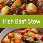 A thick Irish beef stew in a deep bowl, garnished with herbs, on a wooden table with a slice of bread and a mug of dark beer nearby.