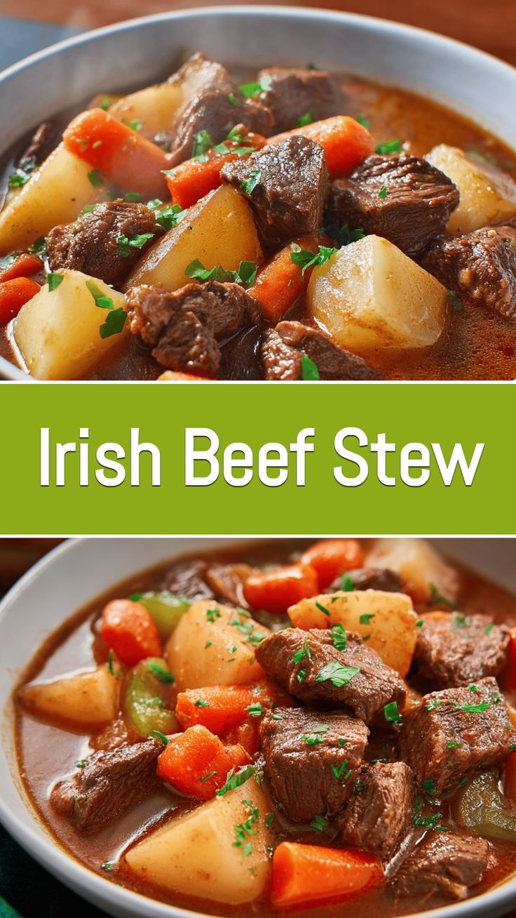 A thick Irish beef stew in a deep bowl, garnished with herbs, on a wooden table with a slice of bread and a mug of dark beer nearby.