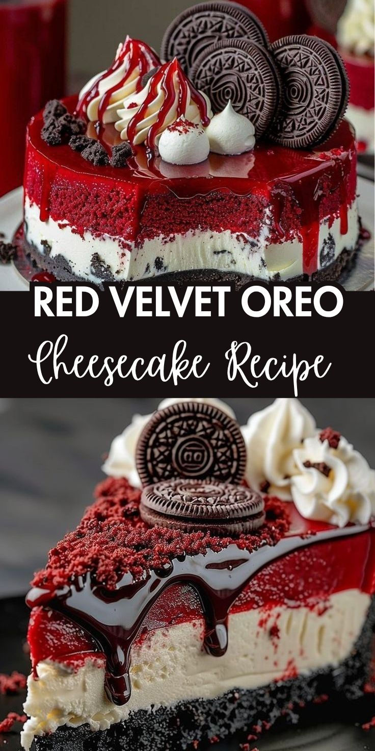 Red Velvet Oreo cheesecake with a rich red filling and a dark cookie base, topped with Oreo crumbs and buttercream frosting.