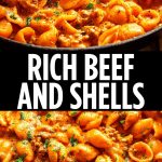 A plate of braised beef and shell pasta in a rich sauce, garnished with herbs and served in a home-style setting.