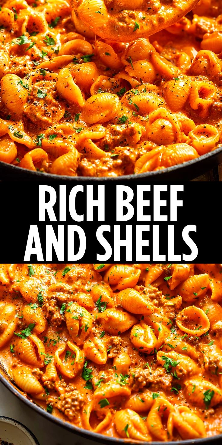 A plate of braised beef and shell pasta in a rich sauce, garnished with herbs and served in a home-style setting.