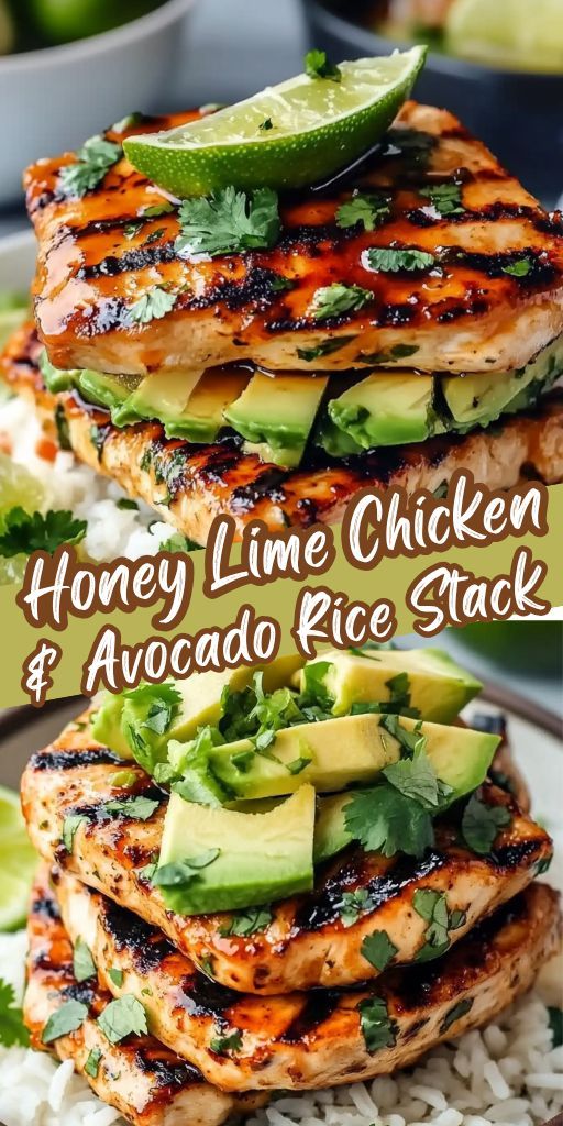 A bowl of rice with chicken, lime wedges, and avocado slices, garnished with herbs and served against a light background.