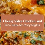 Casserole with chicken, rice, and melted cheese topped with salsa, baked until golden brown in a ceramic dish.