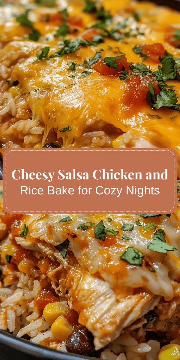 Casserole with chicken, rice, and melted cheese topped with salsa, baked until golden brown in a ceramic dish.