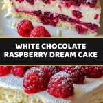 Raspberry cake with white chocolate, garnished with fresh raspberries and chocolate shavings on a plate.