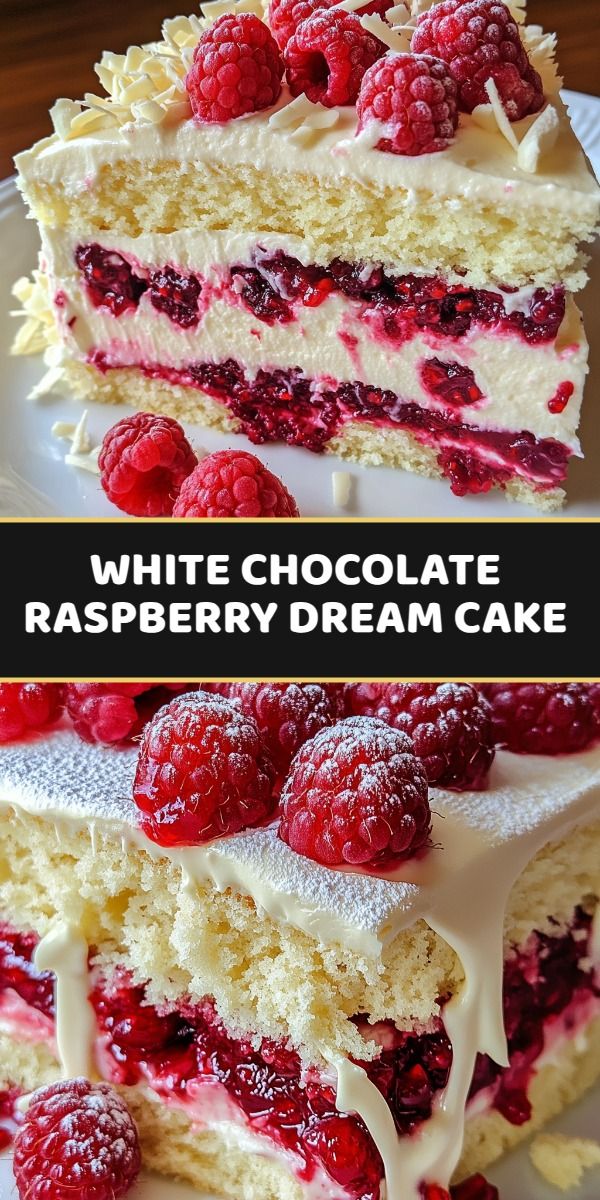 Raspberry cake with white chocolate, garnished with fresh raspberries and chocolate shavings on a plate.
