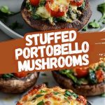 Stuffed Portobello mushrooms baked with cheese and herbs, served on a plate with a flavorful sauce.