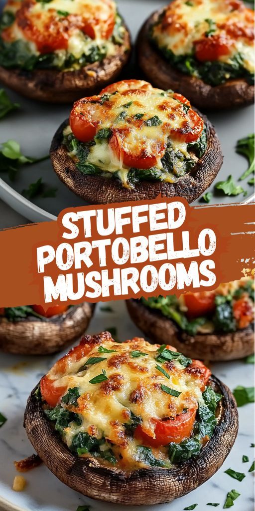 Stuffed Portobello mushrooms baked with cheese and herbs, served on a plate with a flavorful sauce.