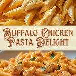 Pasta with Buffalo chicken in a creamy spicy sauce, garnished with herbs on a white plate.