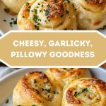 Golden-brown rolls with cheese and garlic, arranged on a plate and garnished with fresh herbs.