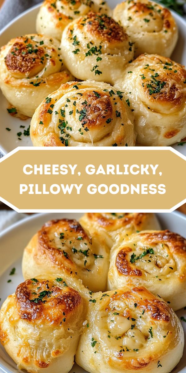 Golden-brown rolls with cheese and garlic, arranged on a plate and garnished with fresh herbs.