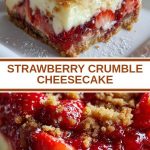 Strawberry crumble cheesecake topped with fresh berries and crispy golden crumbs.