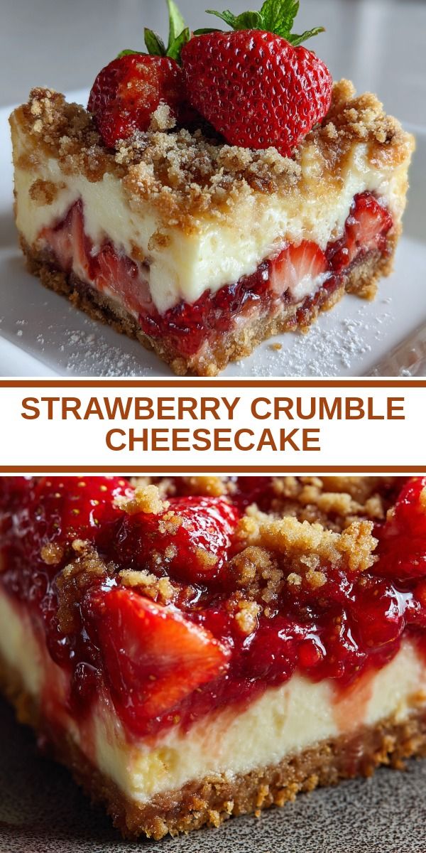 Strawberry crumble cheesecake topped with fresh berries and crispy golden crumbs.