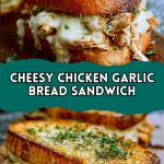 Chicken, cheese, and garlic sandwich, served on toasted bread, cut in half, and garnished with herbs.