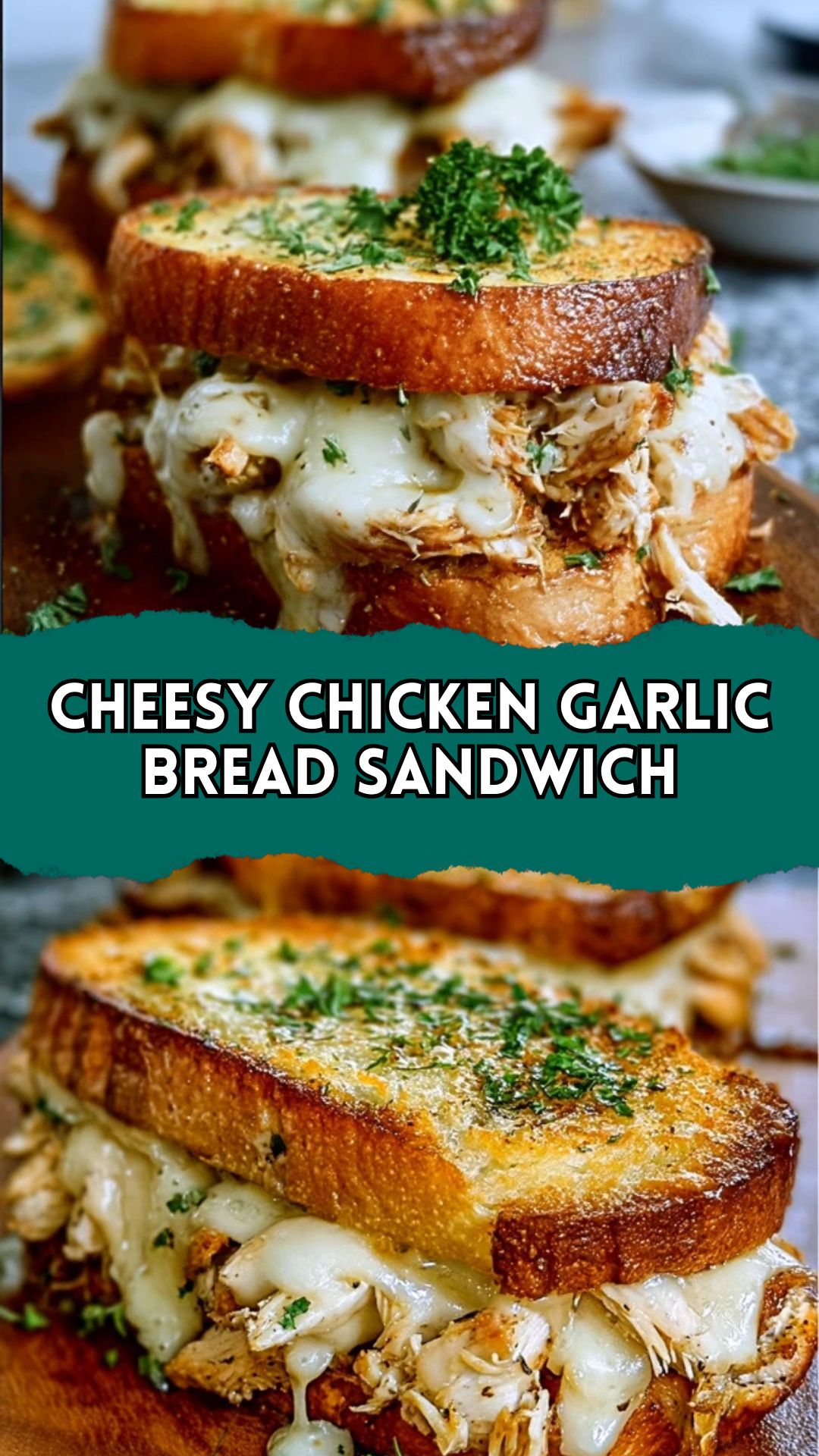 Chicken, cheese, and garlic sandwich, served on toasted bread, cut in half, and garnished with herbs.