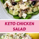Keto Mediterranean chicken salad with pieces of juicy chicken, fresh vegetables and herbs, drizzled with olive oil on a white plate.