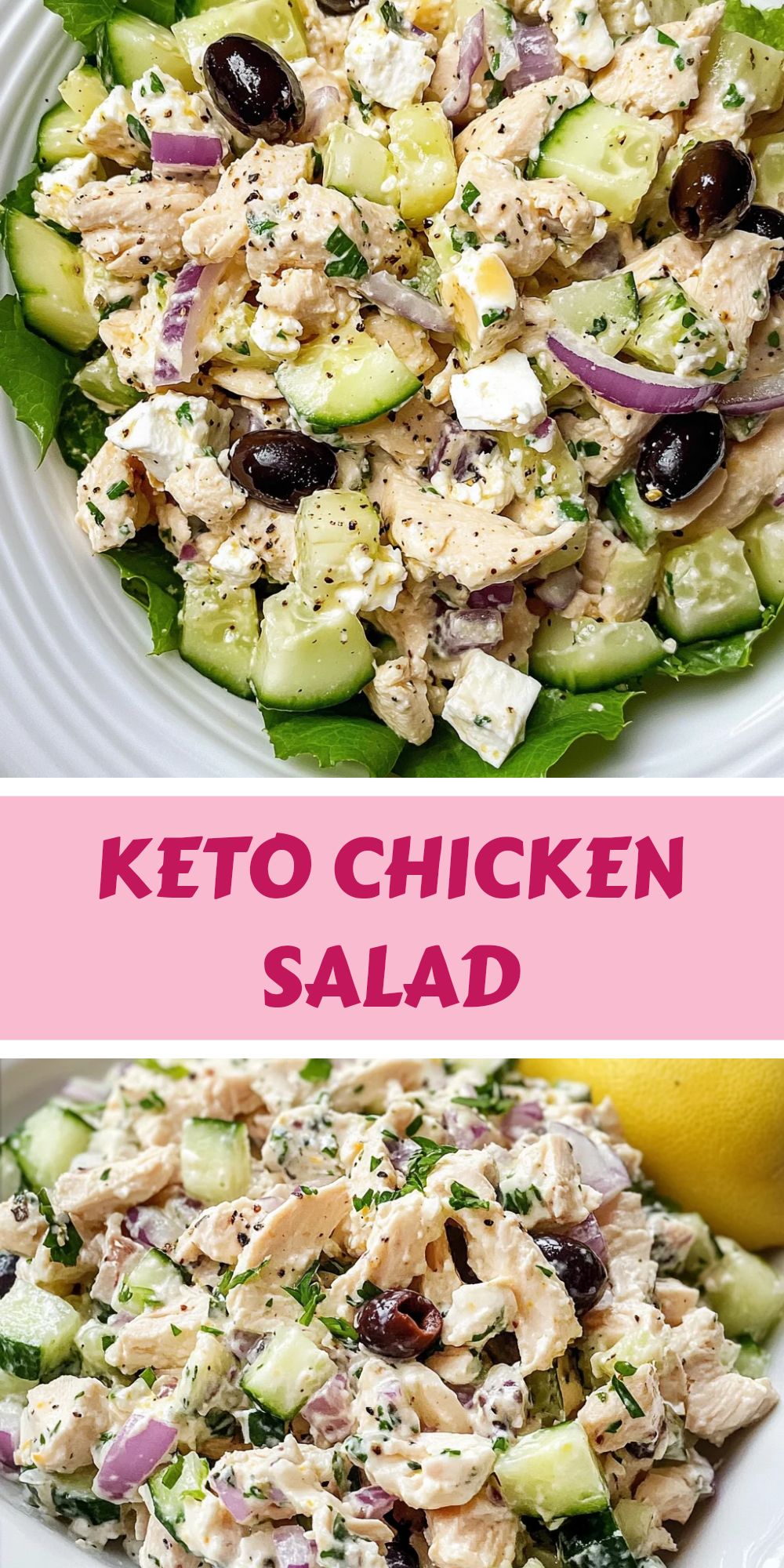 Keto Mediterranean chicken salad with pieces of juicy chicken, fresh vegetables and herbs, drizzled with olive oil on a white plate.