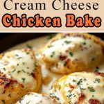 Chicken casserole with cream cheese with a golden crust, served in a baking dish, garnished with fresh herbs.