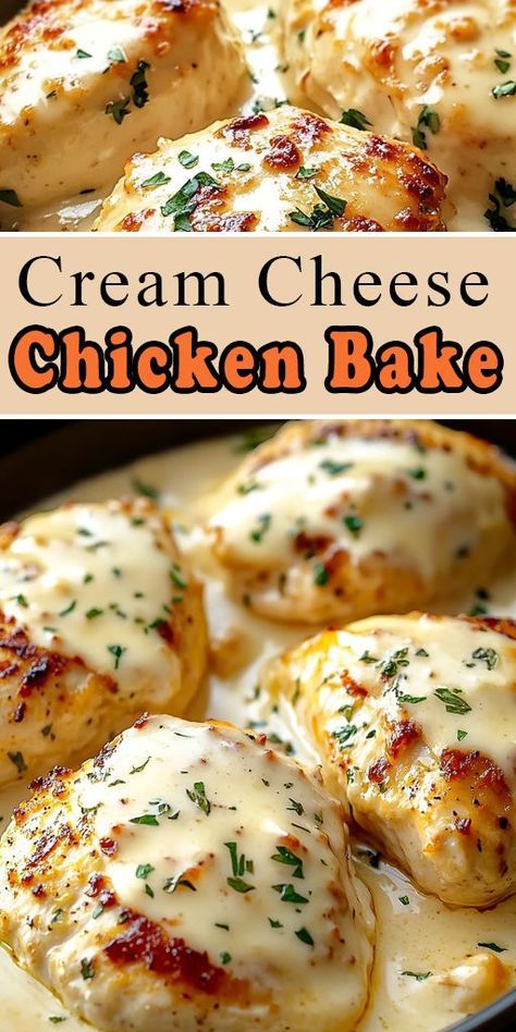 Chicken casserole with cream cheese with a golden crust, served in a baking dish, garnished with fresh herbs.