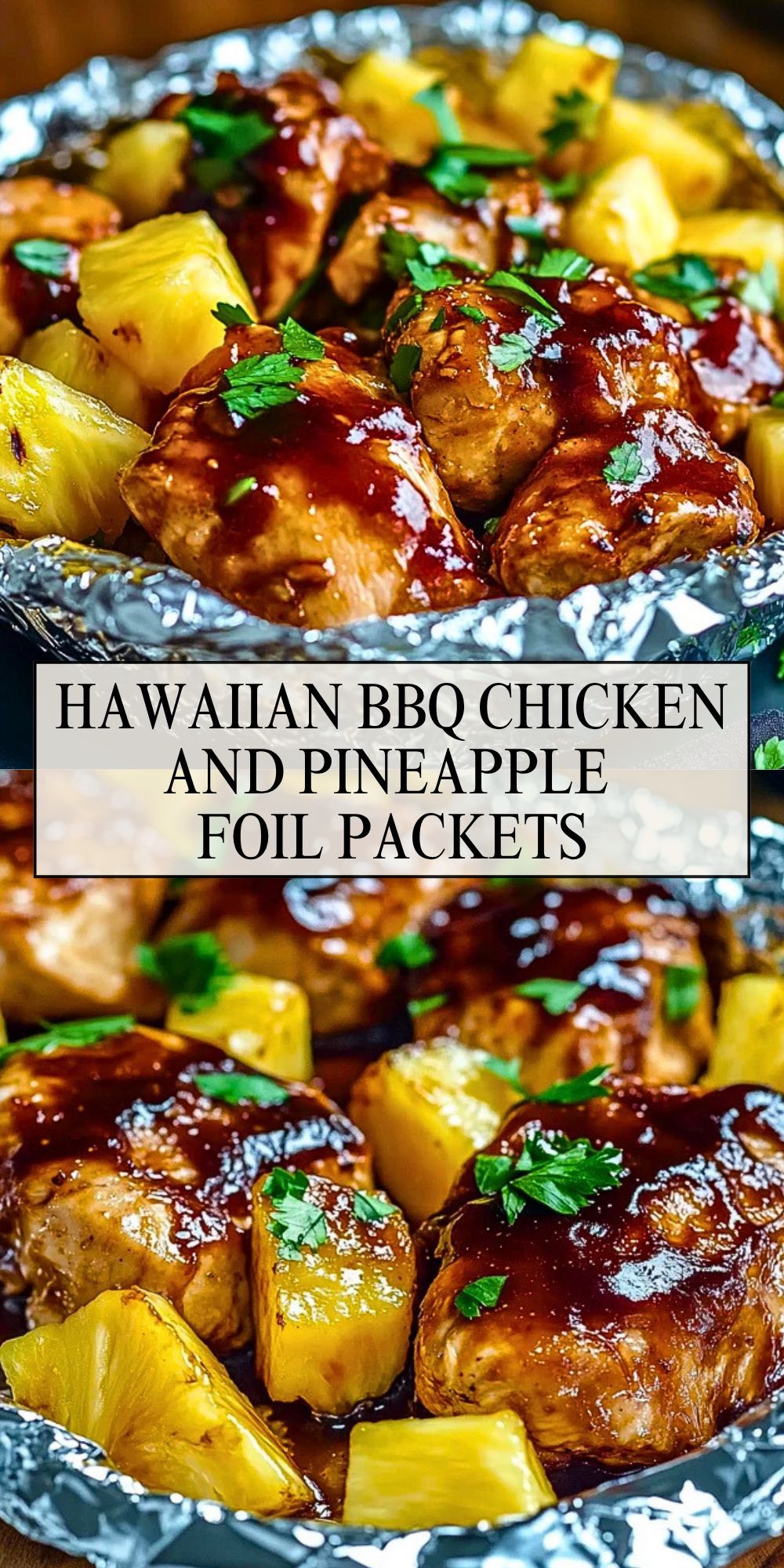Hawaiian chicken with pineapple and barbecue sauce, baked in foil, juicy chicken pieces with caramelized pineapple under a golden glaze.