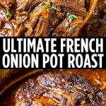 A plate of roast meat topped with caramelized French onions in a rich gravy, served with mashed potatoes and herbs.