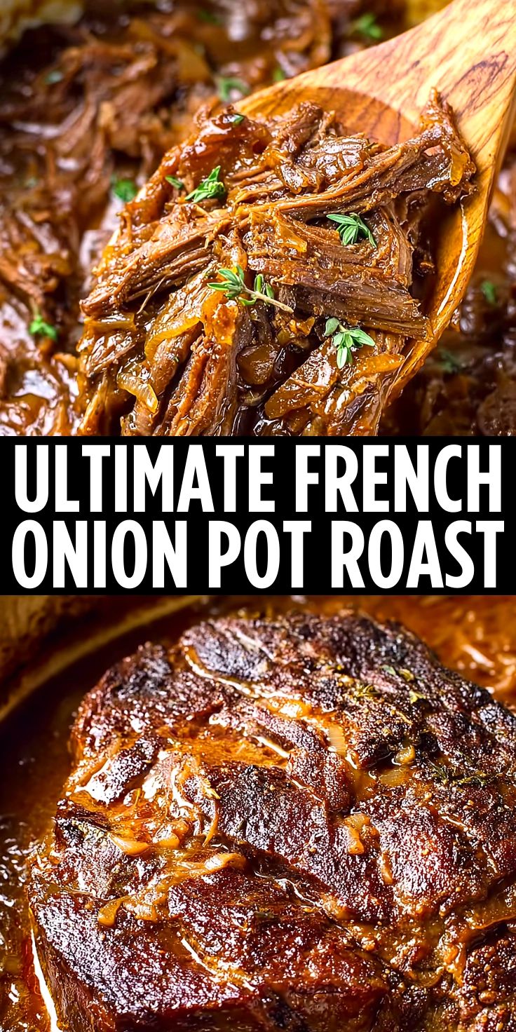 A plate of roast meat topped with caramelized French onions in a rich gravy, served with mashed potatoes and herbs.