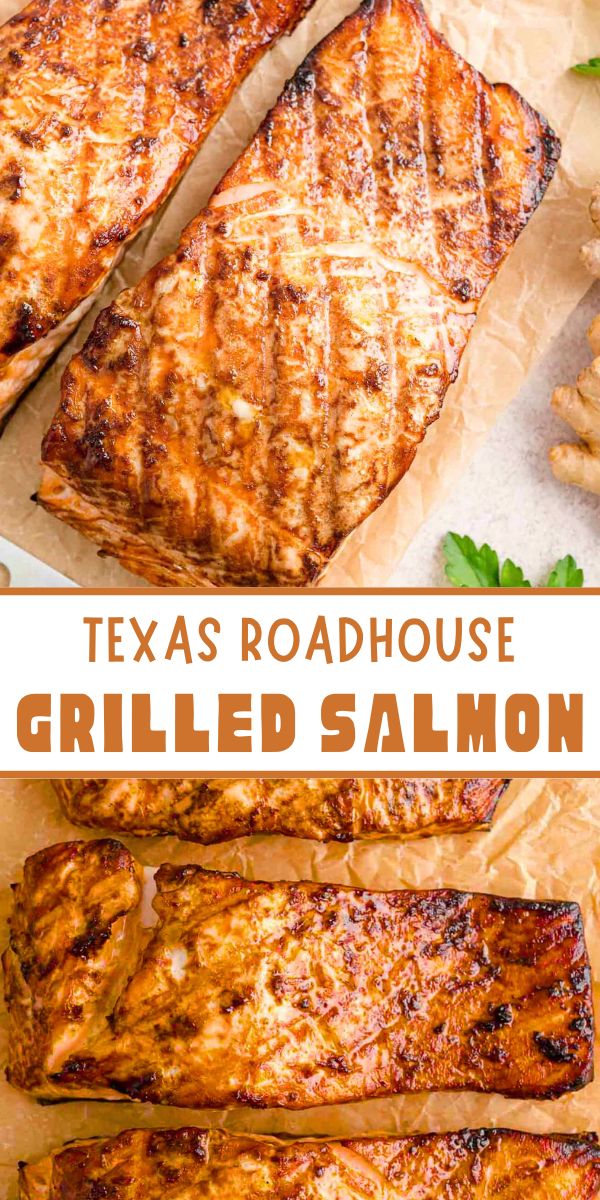 Juicy grilled salmon with a golden crust, garnished with fresh herbs and lemon wedges, rests on a wooden board against a grill.