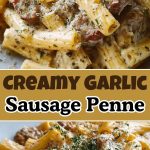 A plate of pasta with sausage in a thick creamy sauce, garnished with herbs, on a wooden table next to a fork and a slice of bread.