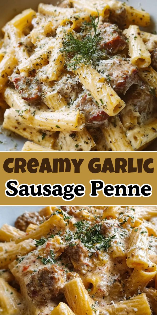 A plate of pasta with sausage in a thick creamy sauce, garnished with herbs, on a wooden table next to a fork and a slice of bread.