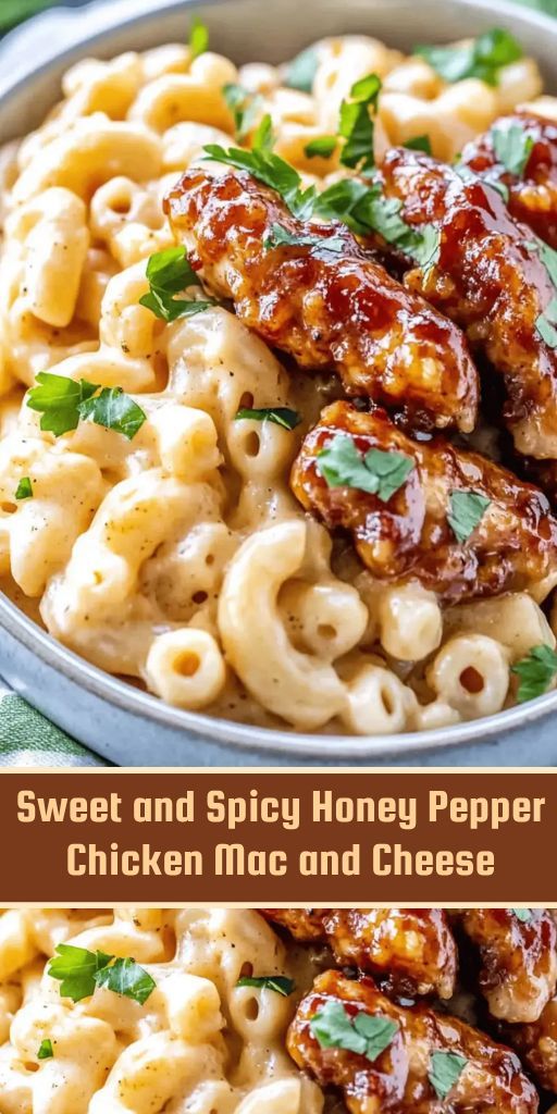 Sweet and spicy chicken in a honey-pepper glaze, served with pasta and melted cheese.