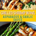 Fried shrimp with asparagus and garlic sauce on a white plate.