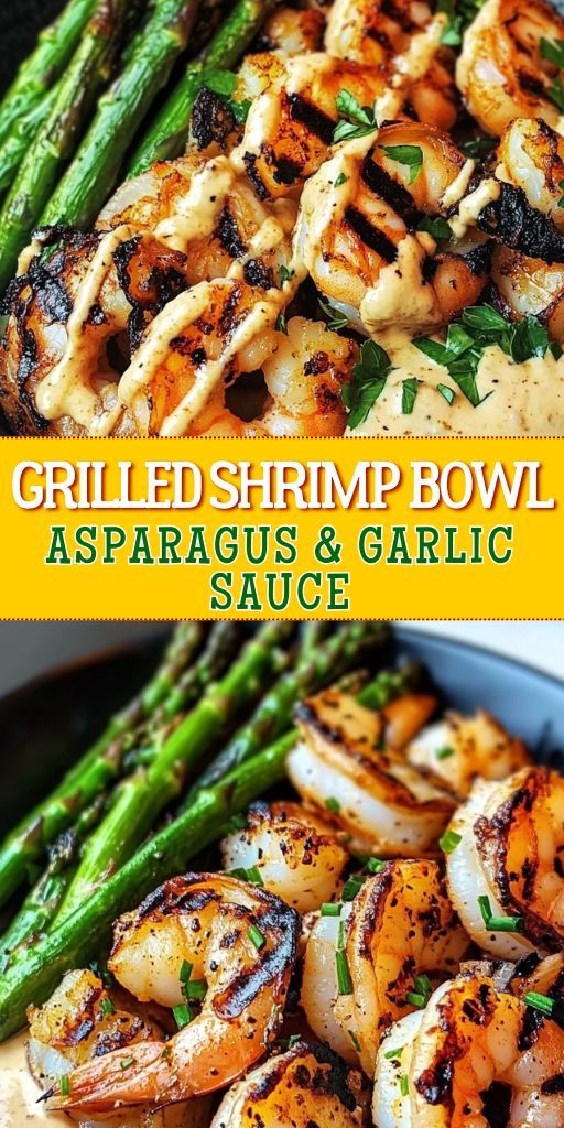 Fried shrimp with asparagus and garlic sauce on a white plate.