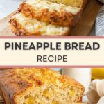 Golden pineapple bread on a wooden board, garnished with fresh pineapple slices.