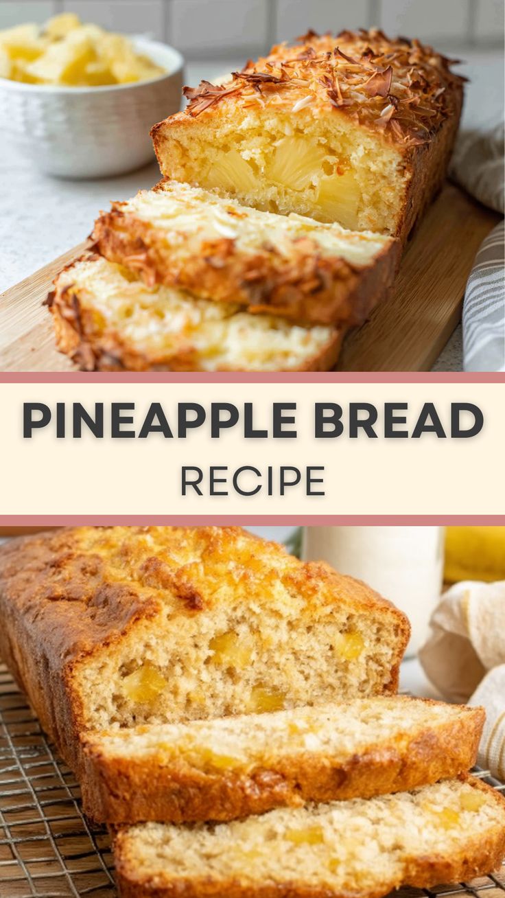 Golden pineapple bread on a wooden board, garnished with fresh pineapple slices.