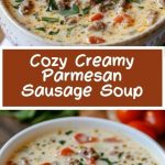 A bowl of creamy soup with Italian sausage and Parmesan, garnished with herbs